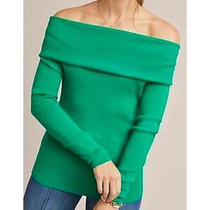 NWOT Ett:wa Anthropologie Cecily Green Off the Shoulder Ribbed Knit Pullover sz